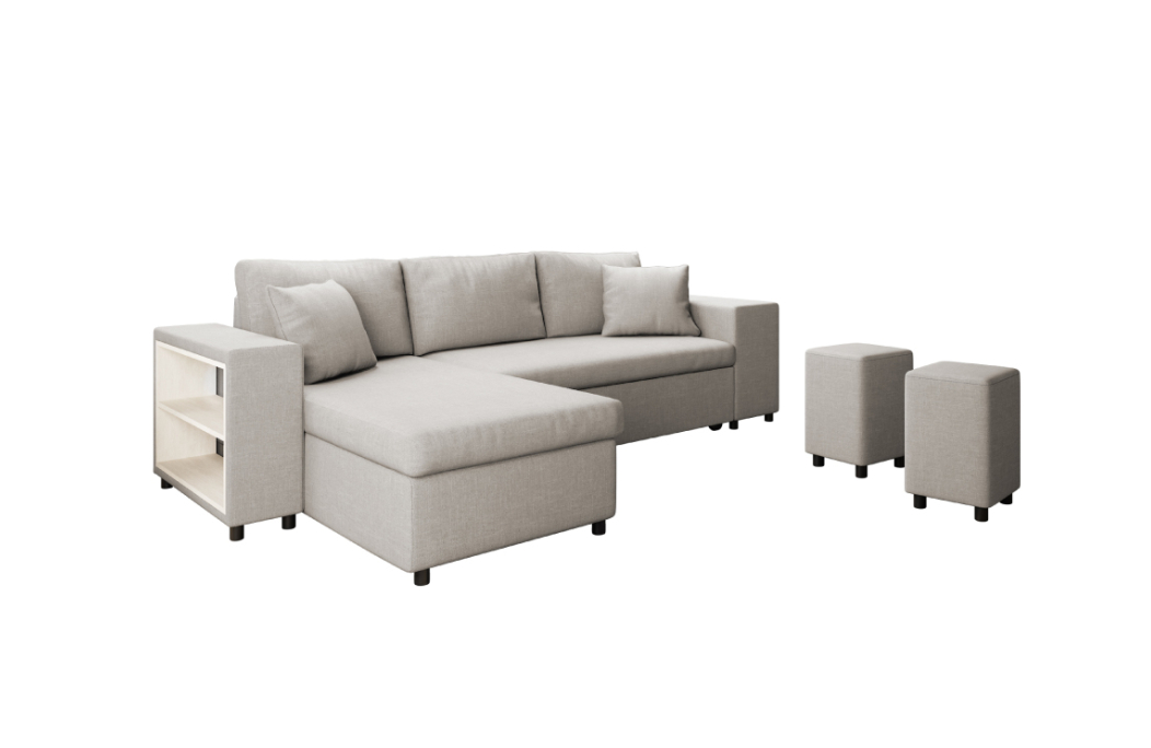 Canapé d'angle MADY convertible avec coffre, accoudoir étagère et poufs en tissu