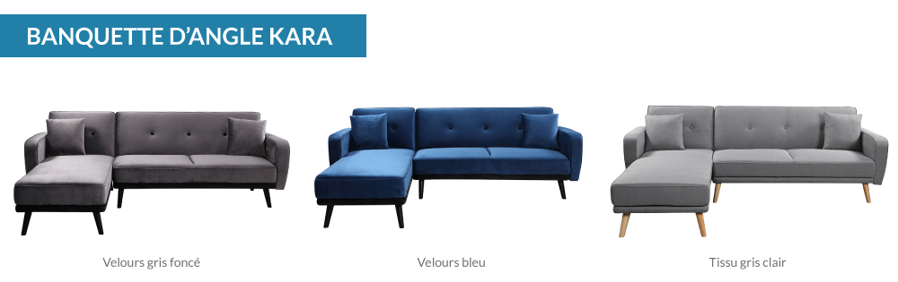 Les couleurs de la banquette d'angle Kara : bleu, gris foncé et gris clair