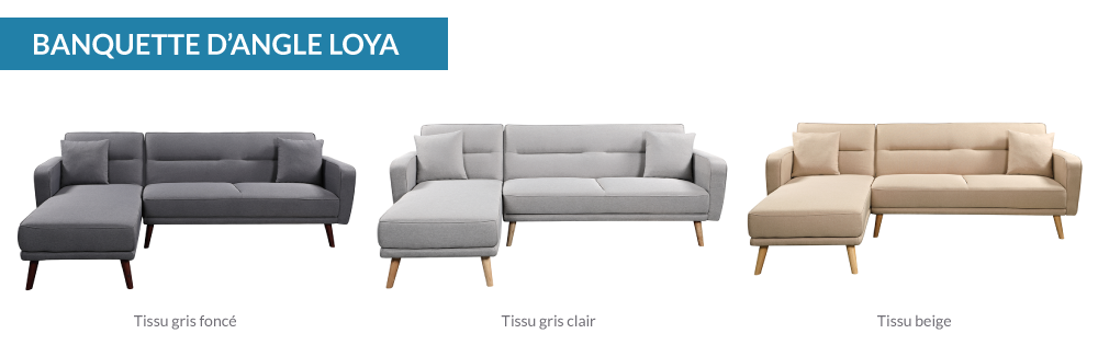 Les couleurs de la banquette Loya : gris foncé, gris clair et beige