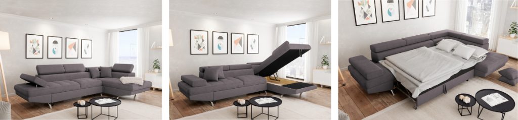 Canapé d'angle rio en microfibre grise avec coffre de rangement et convertible en lit