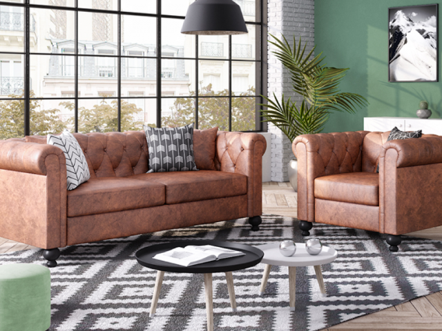 Canapé et fauteuil chesterfield marron