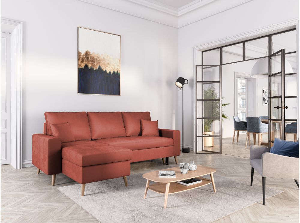 Canapé d'angle MARIA SCANDINAVE VELOURS réversible et convertible avec coffre