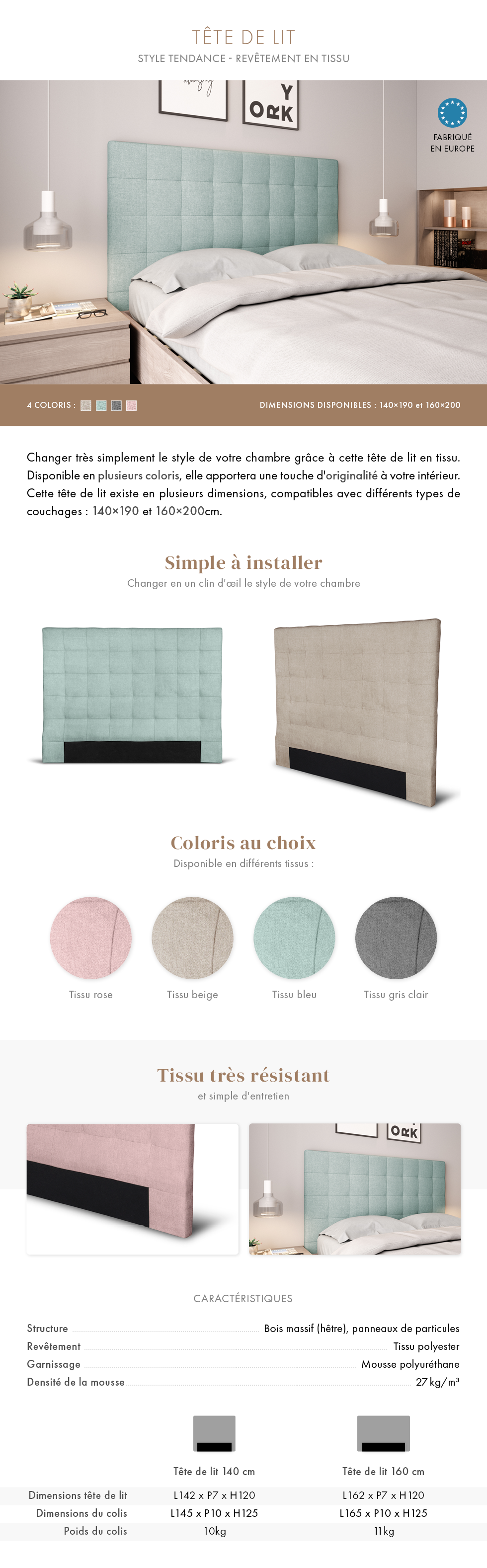 Tête de lit capitonnée en tissu MEGAN